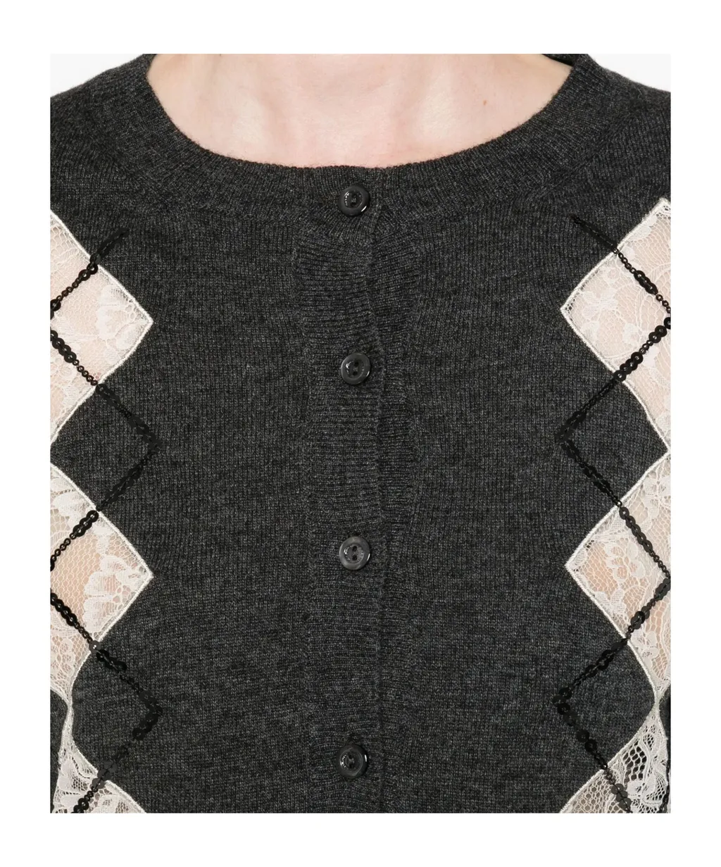 Lace-Panels Argyle-Pattern Cardigan
