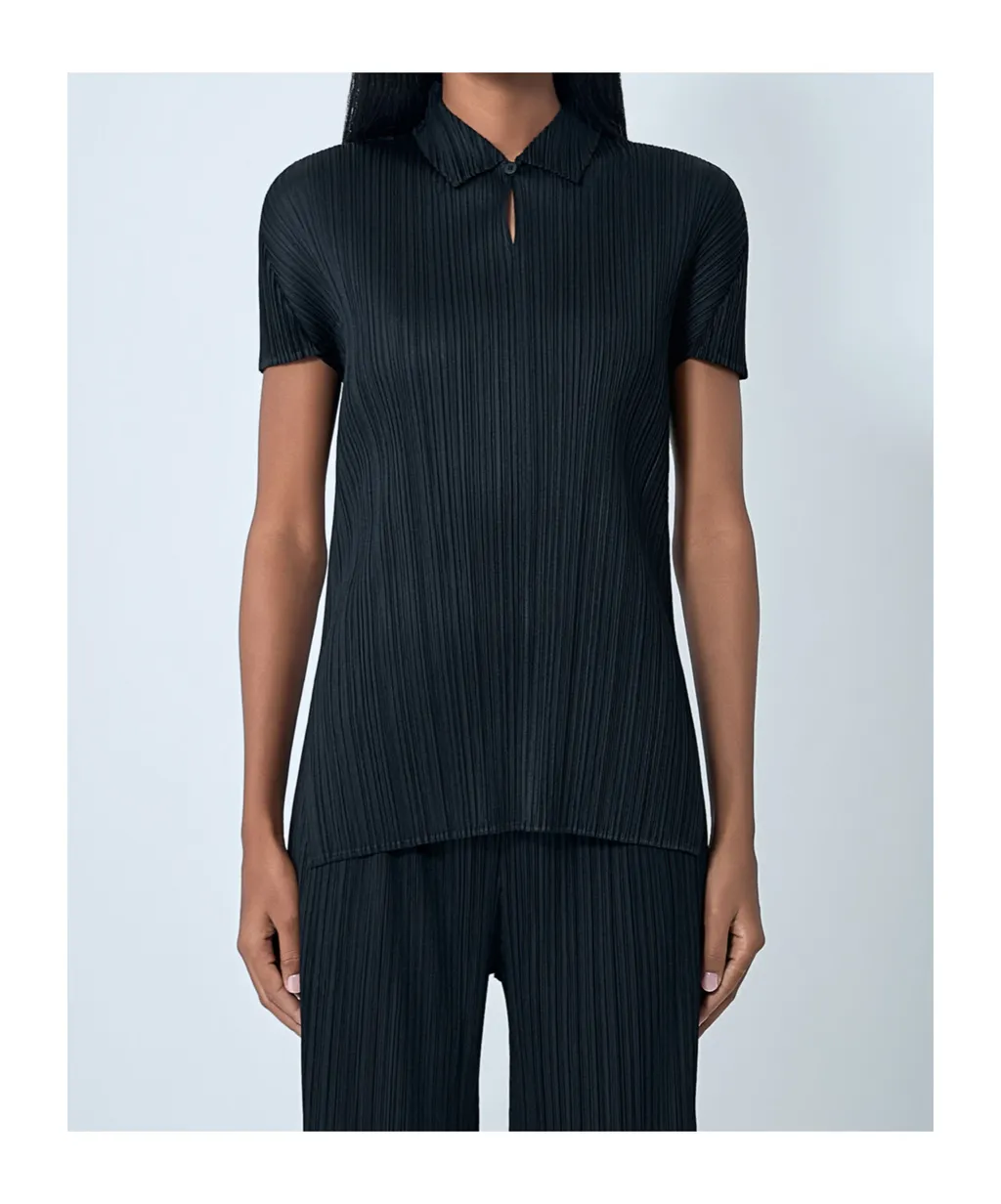 Pleated Button Polo Top