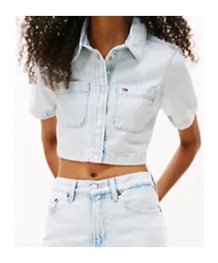 Relaxed Cropped Short Sleeve Lightweight Denim Shirt