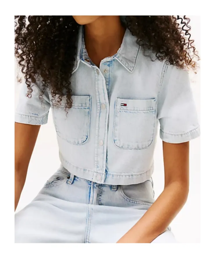 Relaxed Cropped Short Sleeve Lightweight Denim Shirt
