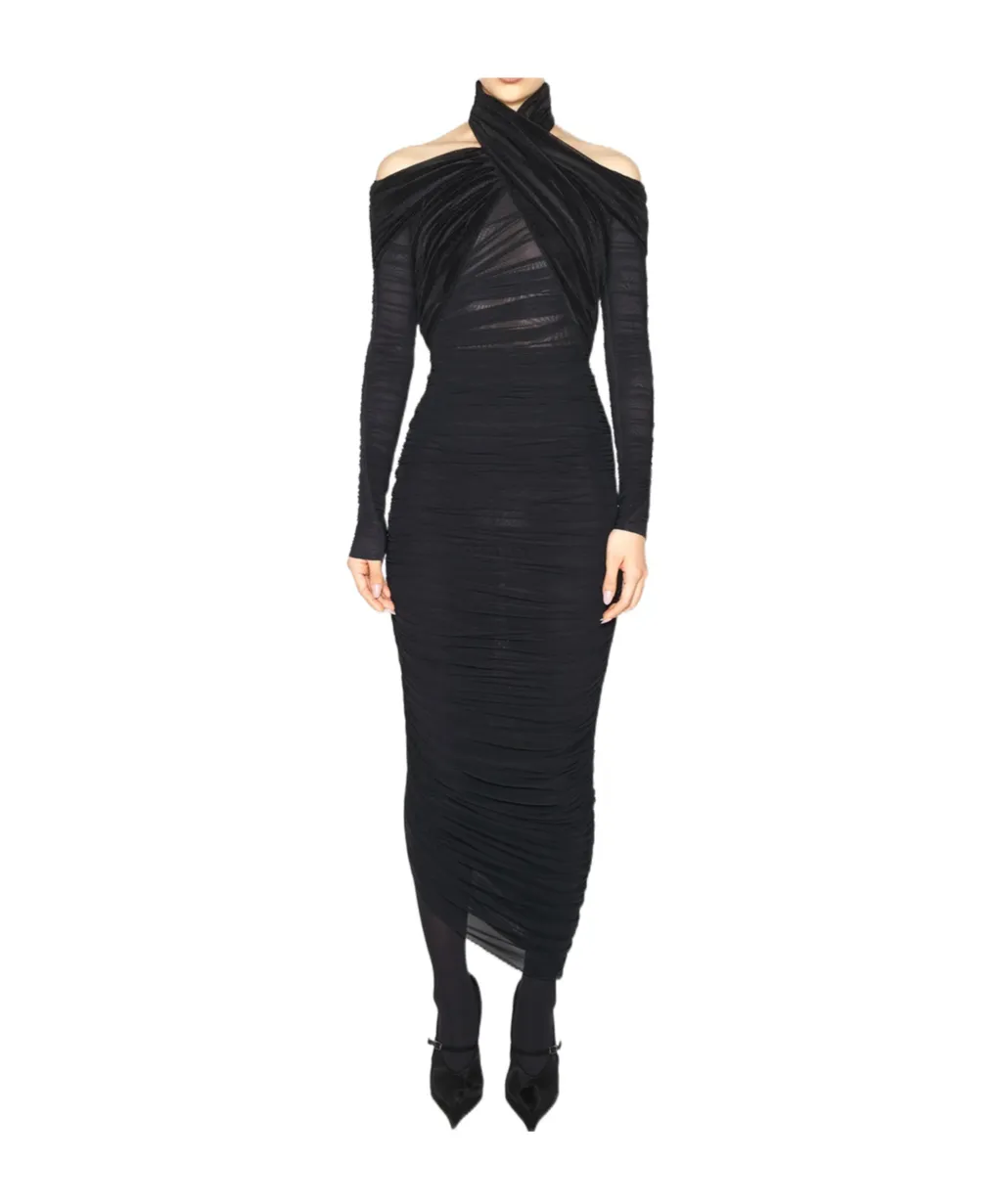 Cross-Neckline Draped Midi Dress
