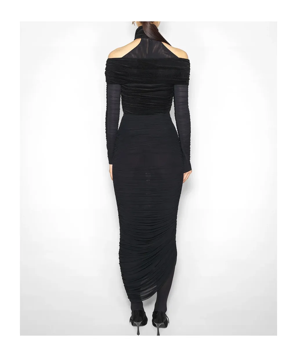 Cross-Neckline Draped Midi Dress