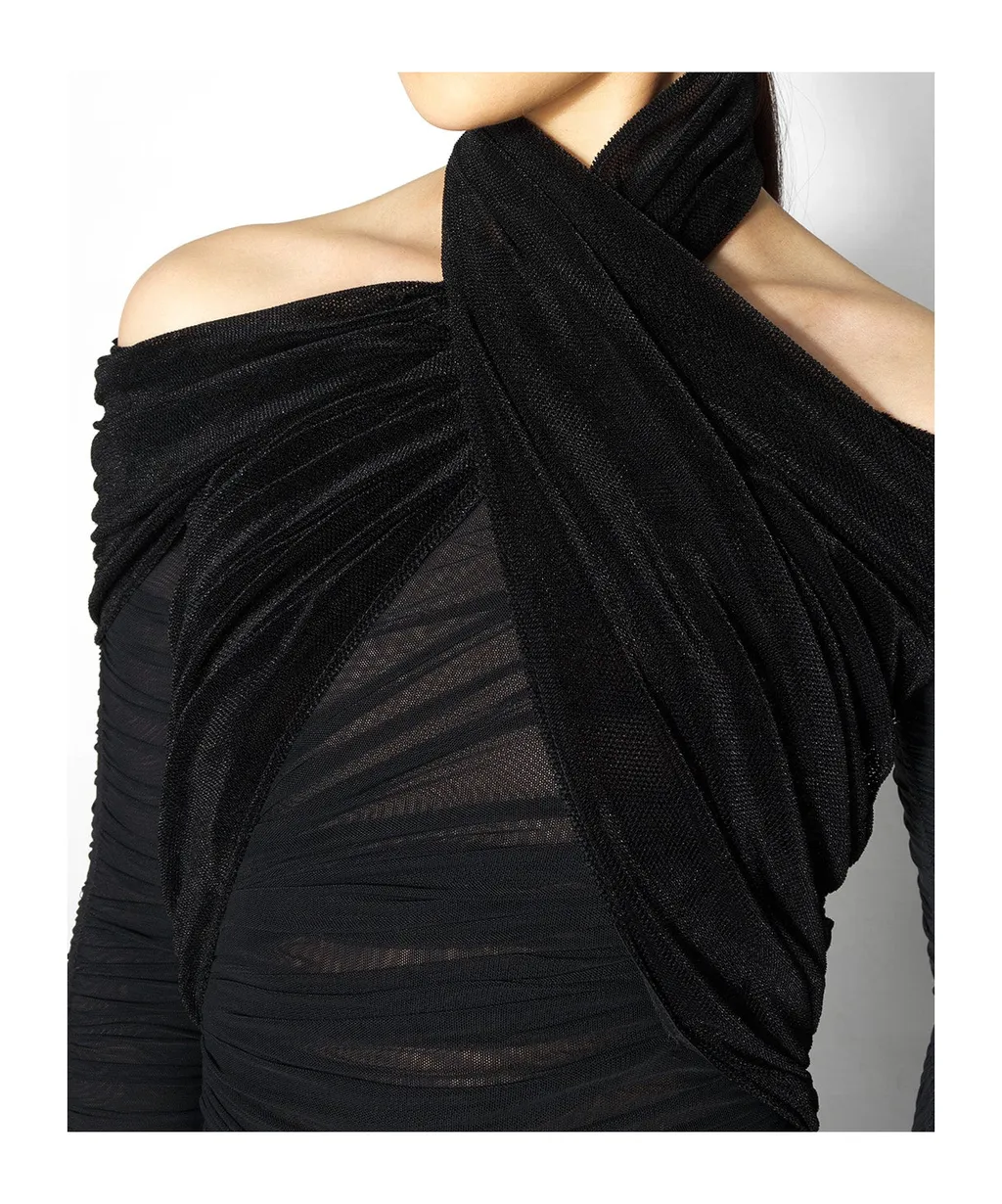 Cross-Neckline Draped Midi Dress