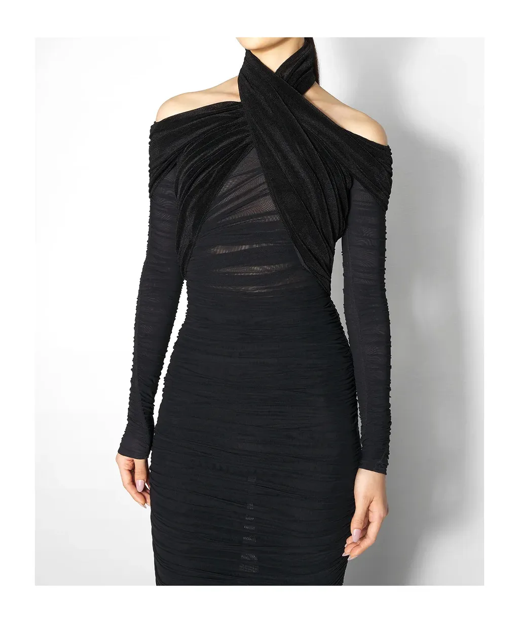 Cross-Neckline Draped Midi Dress