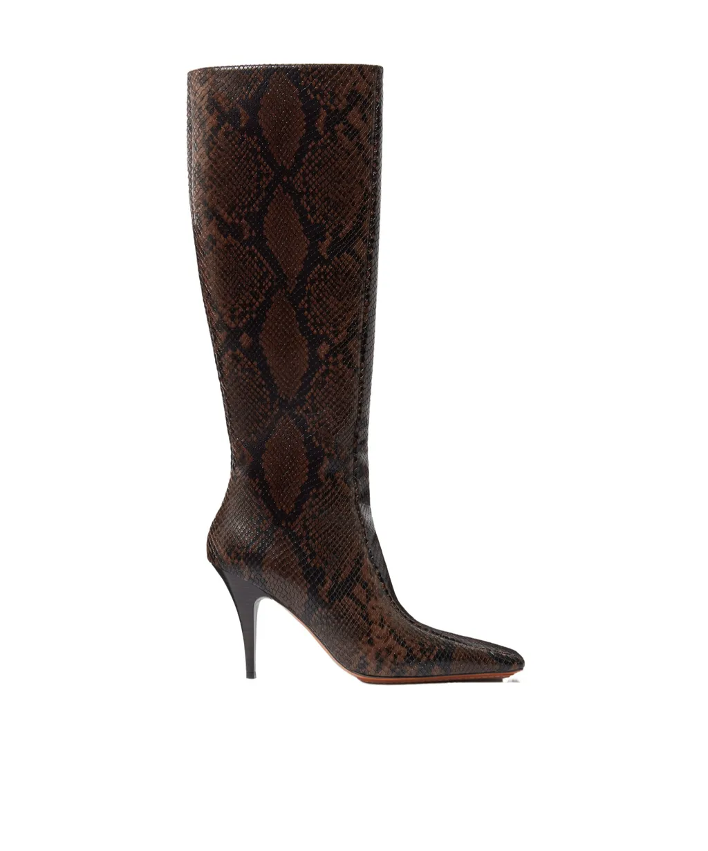 Square-Toe Snake Knee-High Stiletto Boots