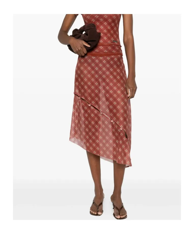Button-Detail Plaid Skirt