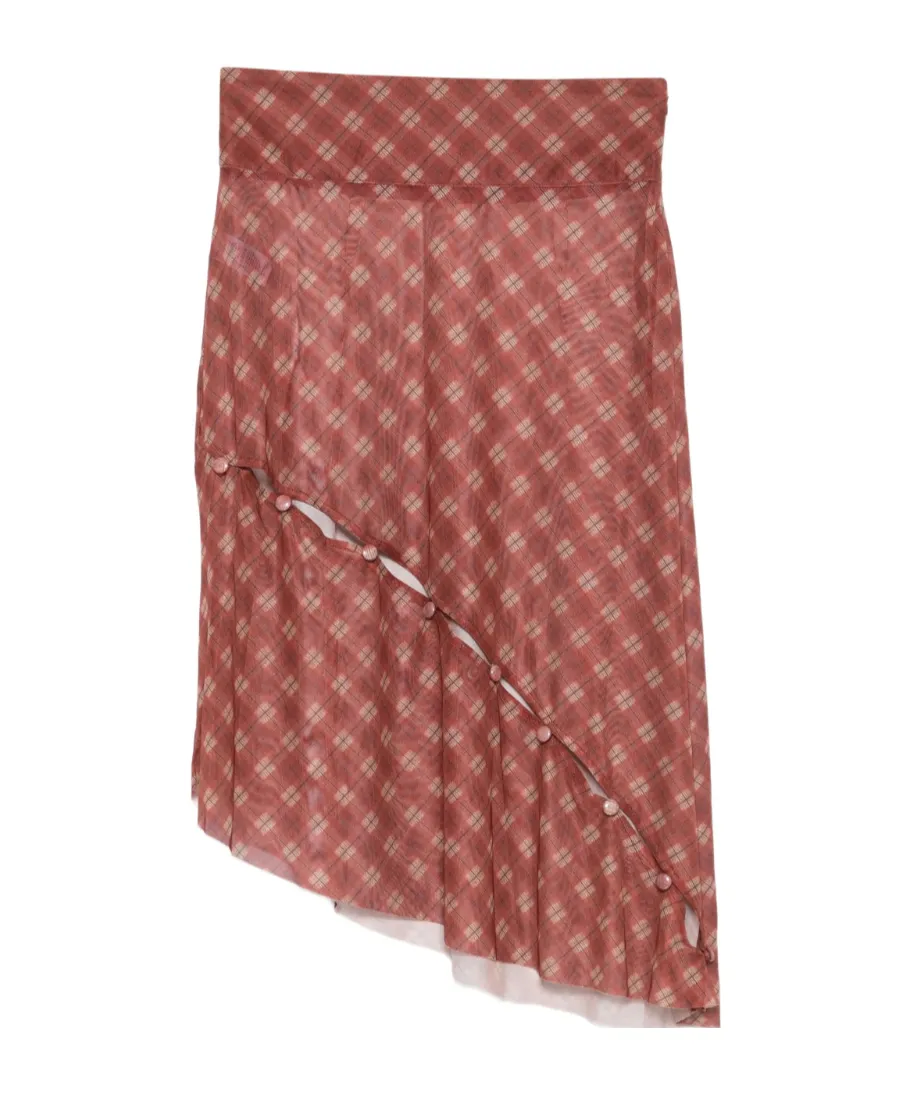 Button-Detail Plaid Skirt