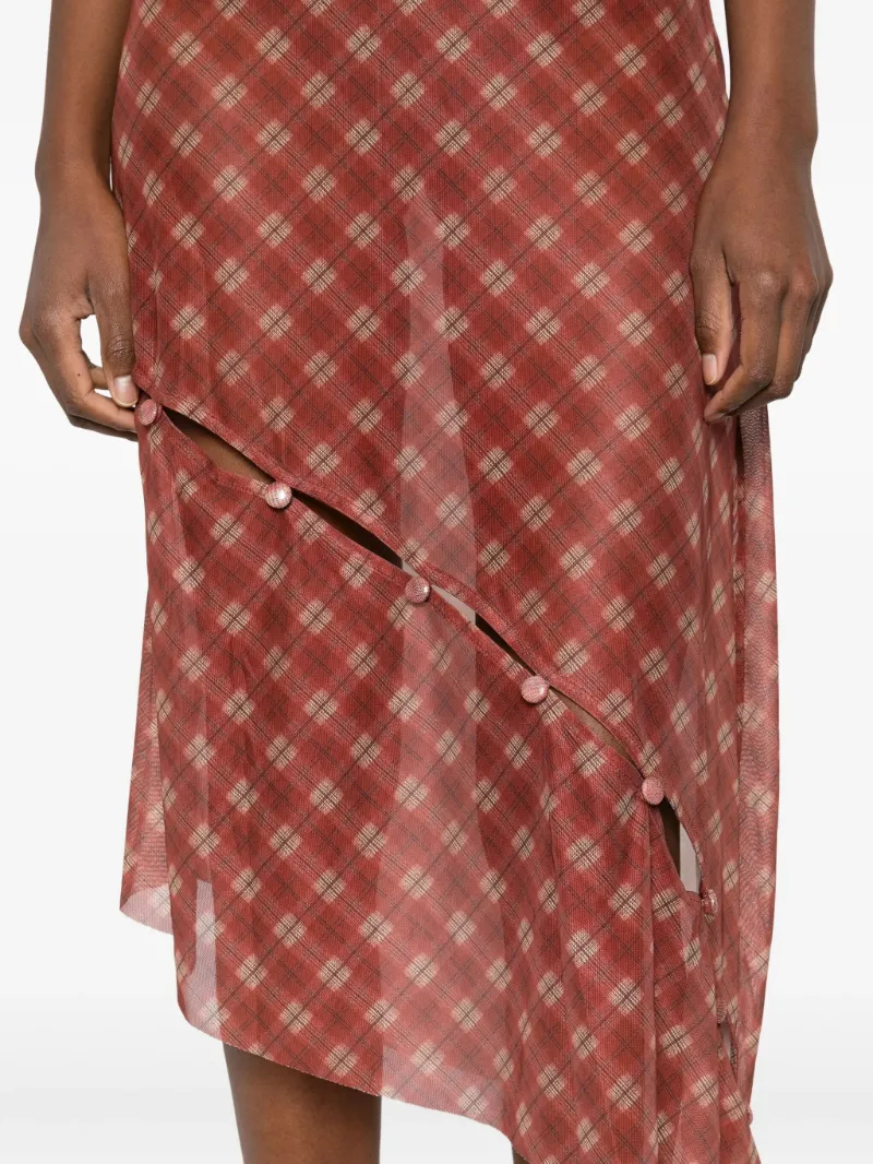Button-Detail Plaid Skirt