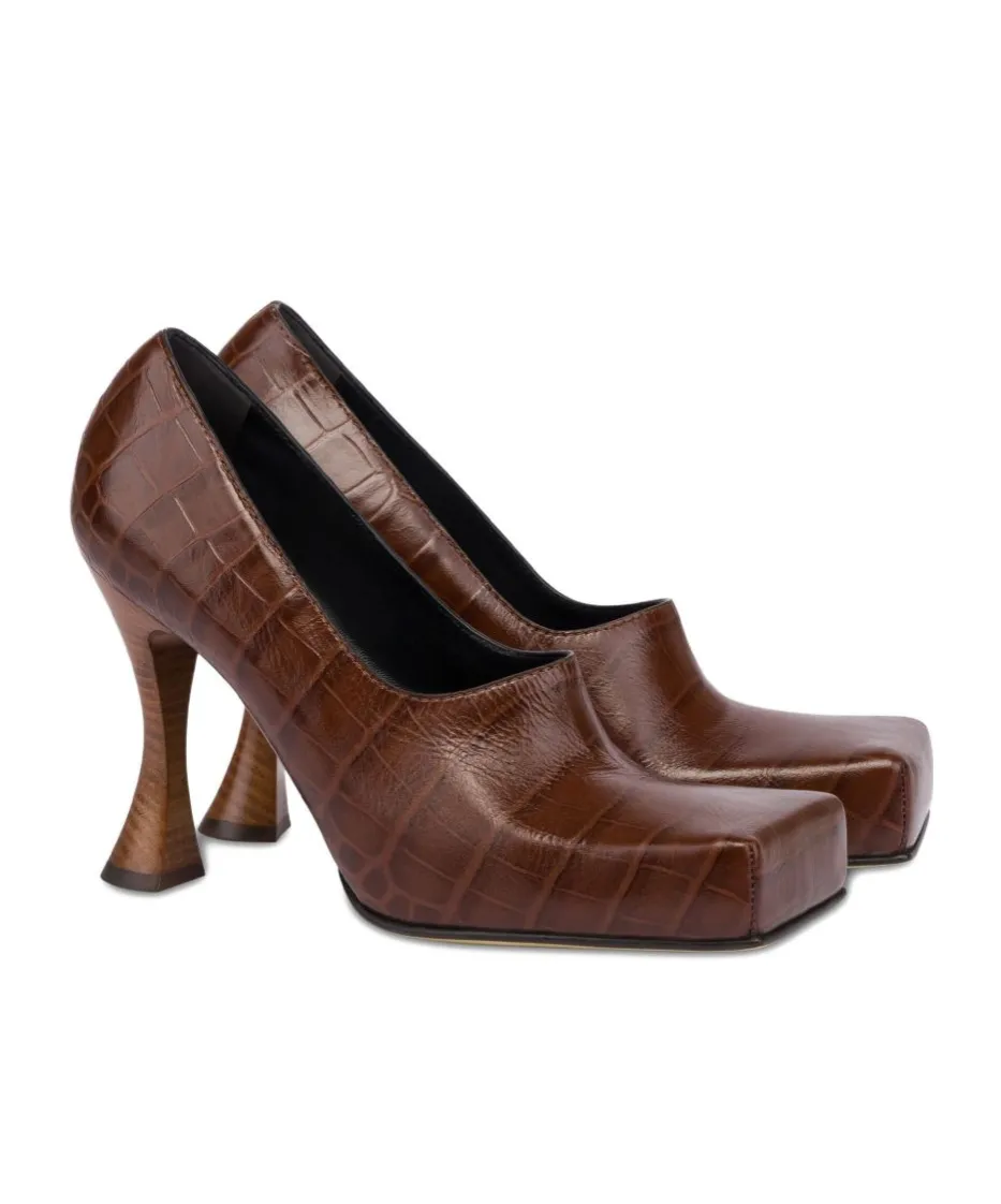 Crocodile-Embossed Square-Toe Pumps