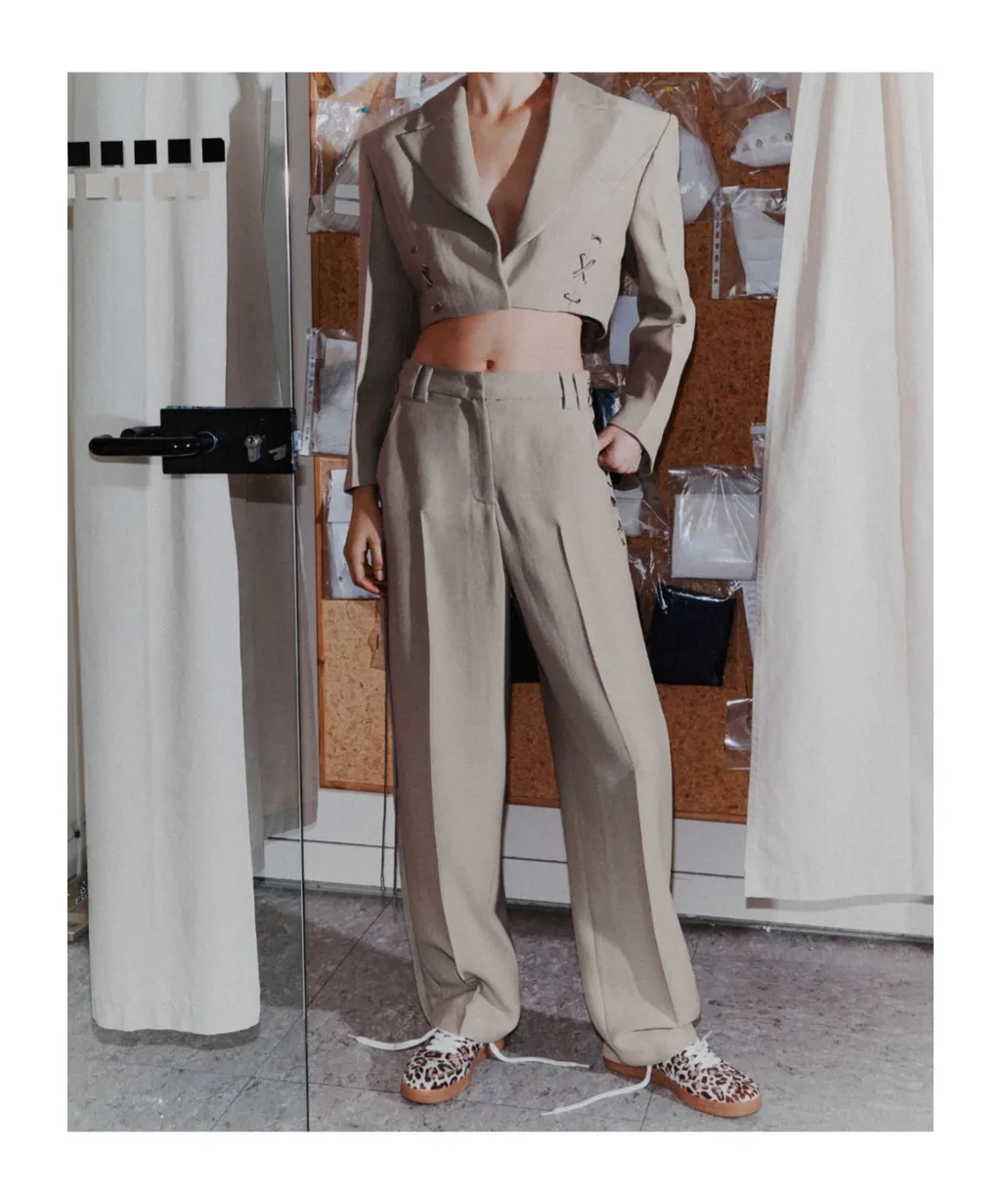 Lace-Up Barrel-Leg Trousers - Light Grey