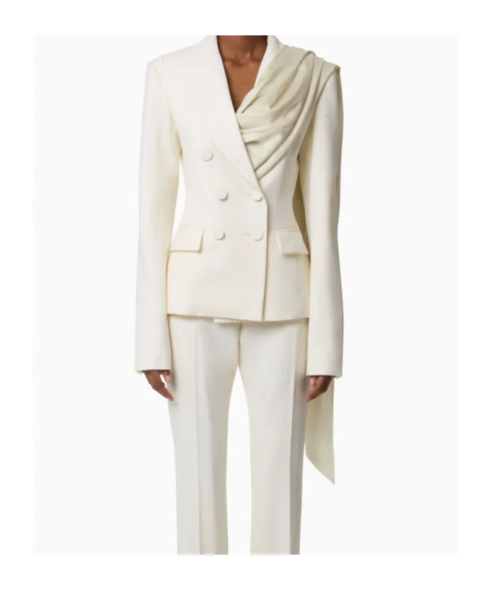 Draped-Scarf Double-Breasted Blazer