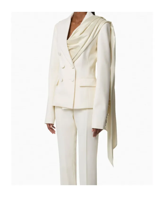 Draped-Scarf Double-Breasted Blazer