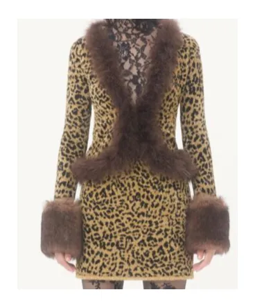 Animal-Print Feather-Trimmed Cardigan