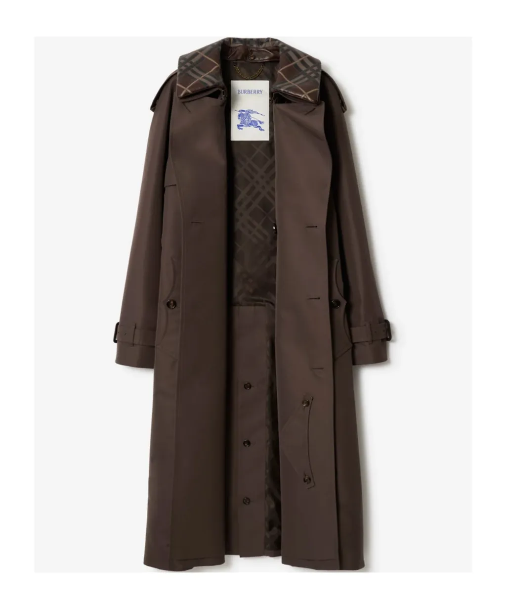 Long Check Collar Silk Cotton Trench Coat