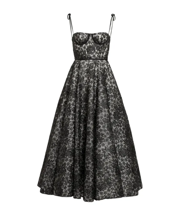Floral-Embroidered Corset Midi Dress