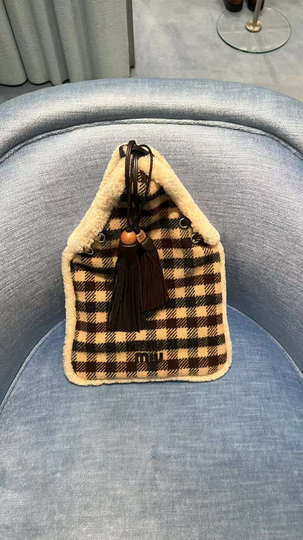 Gingham And Shearling Handbag