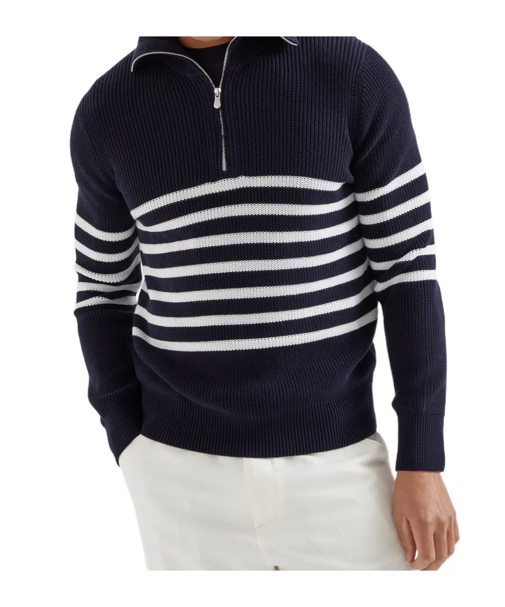 Brunello Cucinelli Half-Zip English Rib Striped Jumper