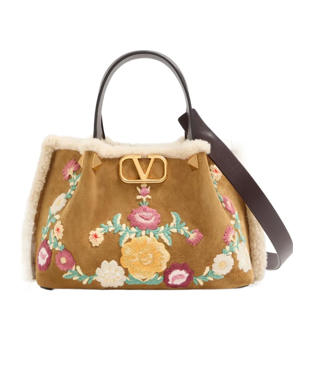 Small Embroidered-Flowers Suede Tote Bag