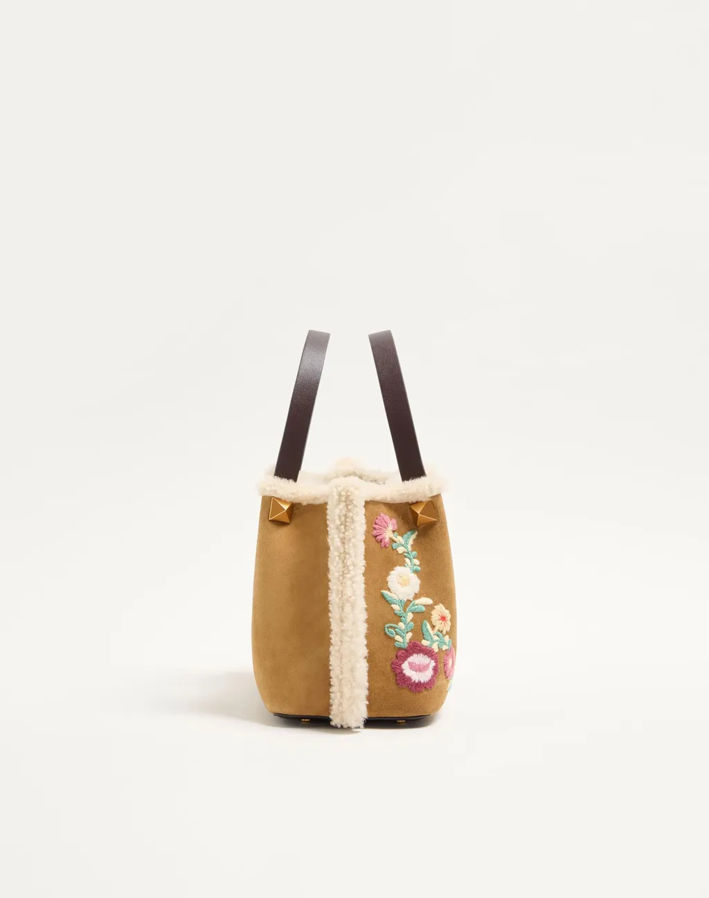 Small Embroidered-Flowers Suede Tote Bag