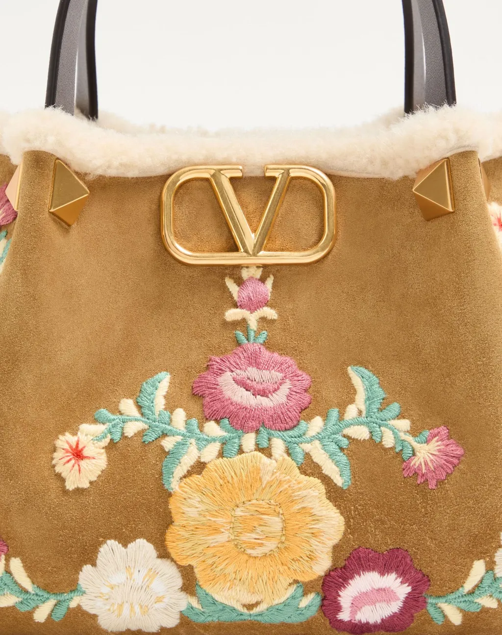 Small Embroidered-Flowers Suede Tote Bag