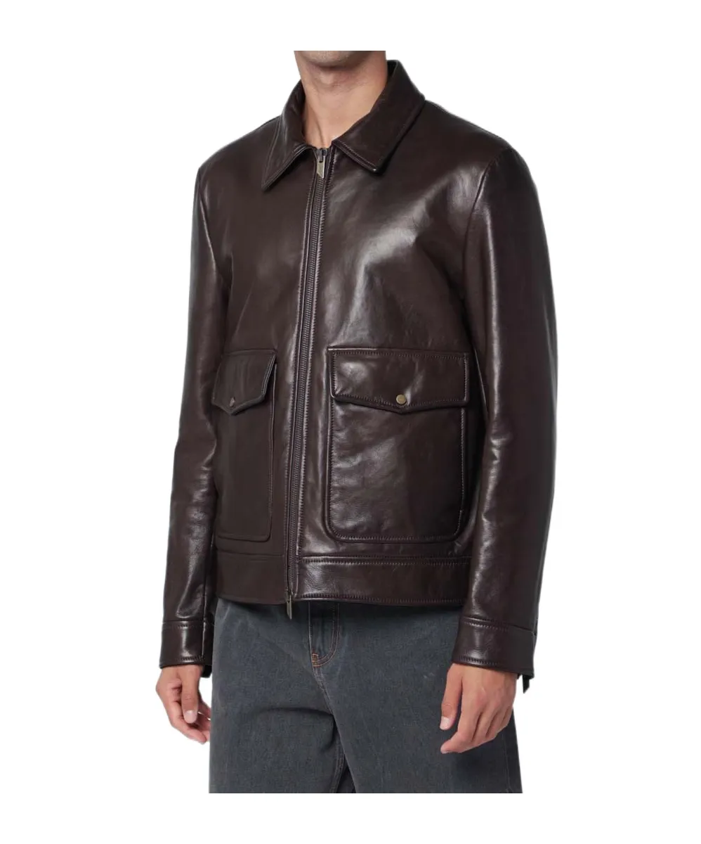 Long-Sleeved Zip-Up Leather Jacket