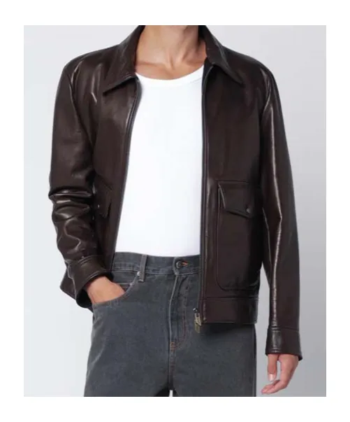 Long-Sleeved Zip-Up Leather Jacket