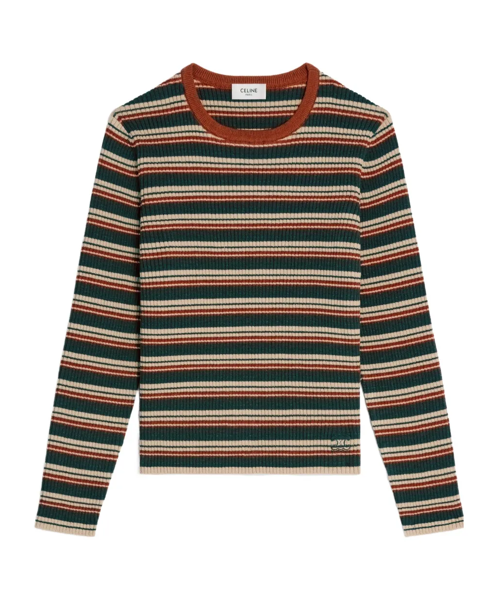 Crewneck Sweater In Striped Ribbed Wool