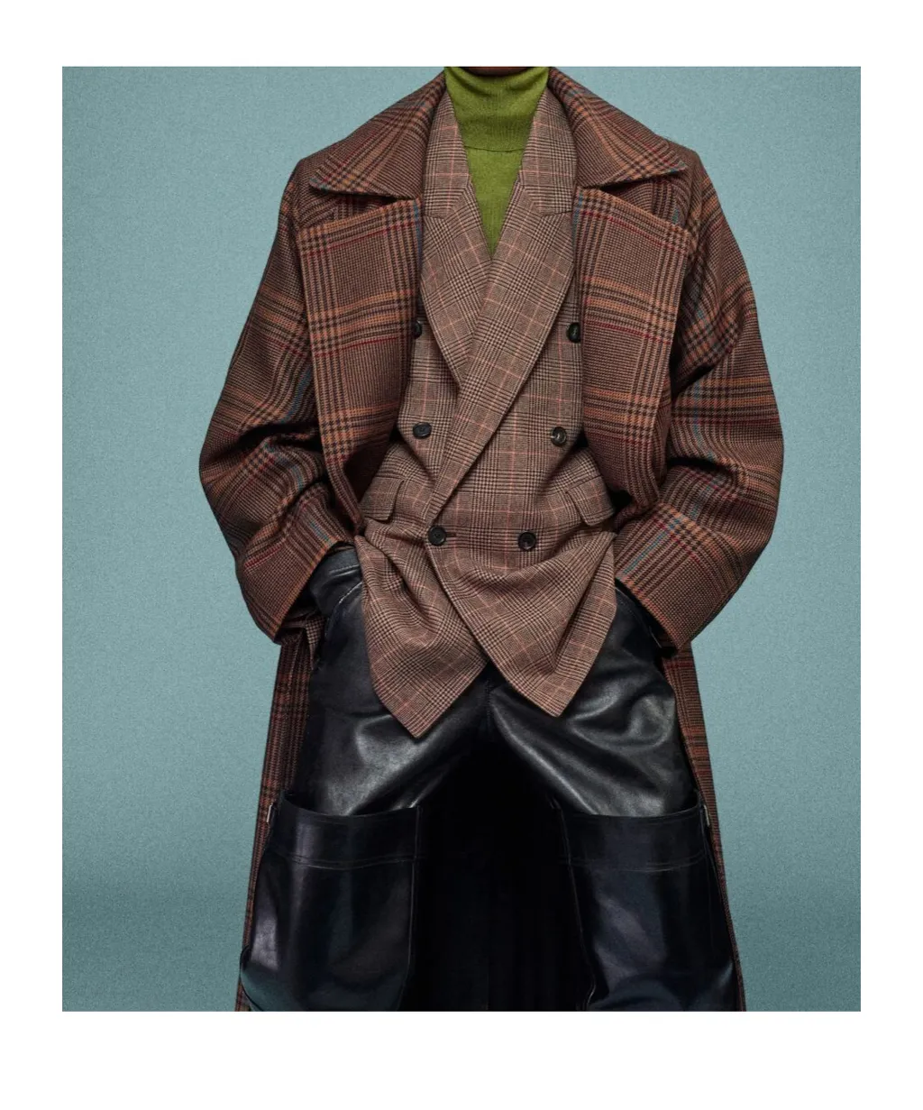 Saint Laurent Checked Belted Long Coat