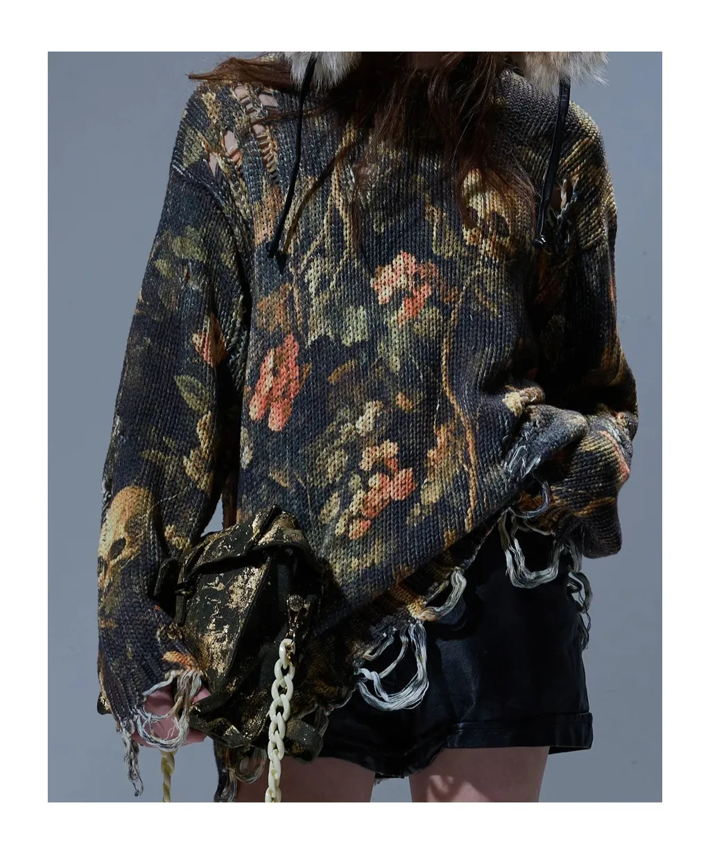 R13 Graphic-Print Distressed Jumper