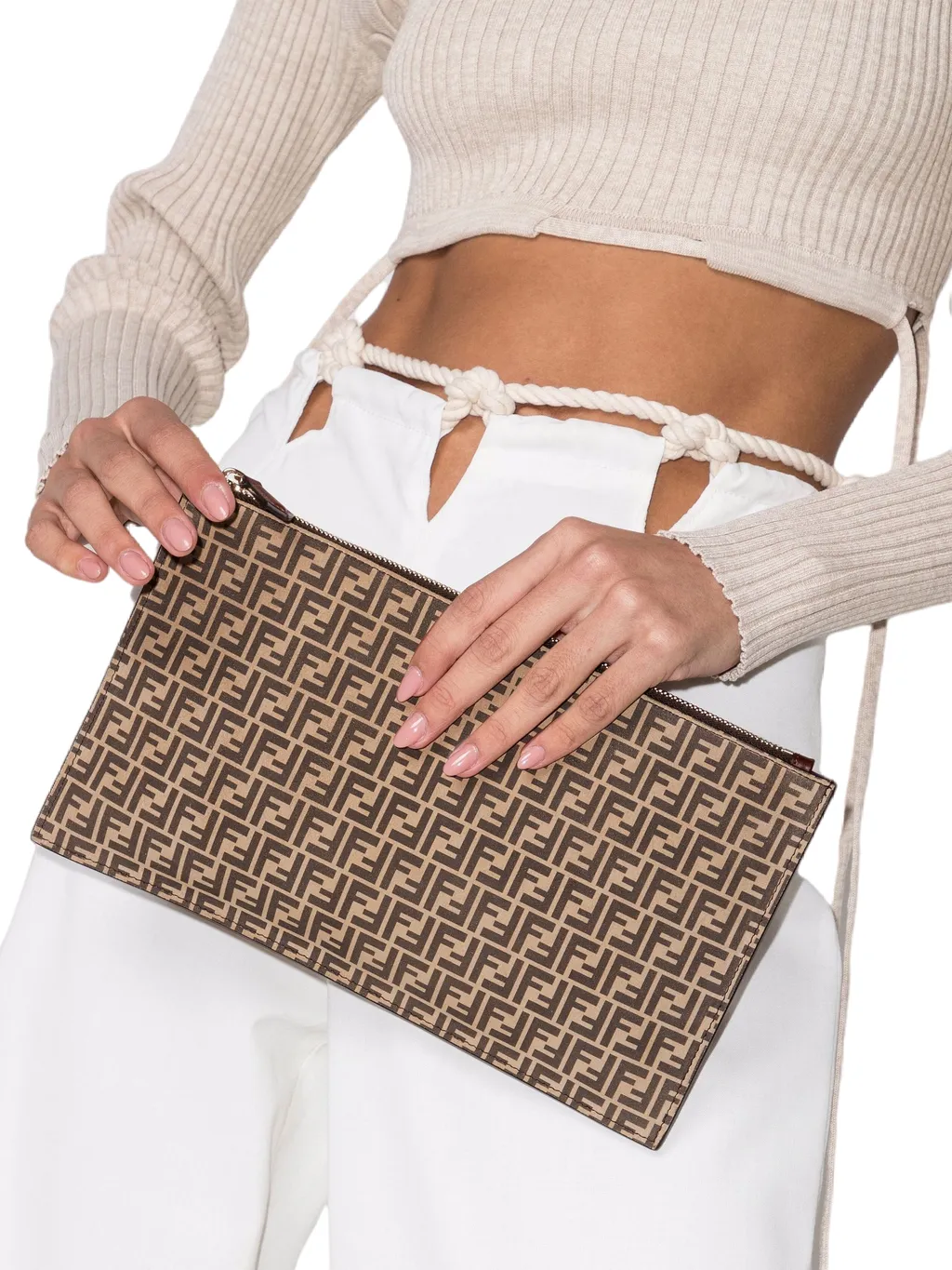 Ff-Monogram Print Leather Clutch