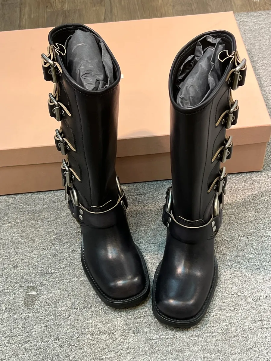 Miu Miu Buckle-Detailed Round Toe Boots