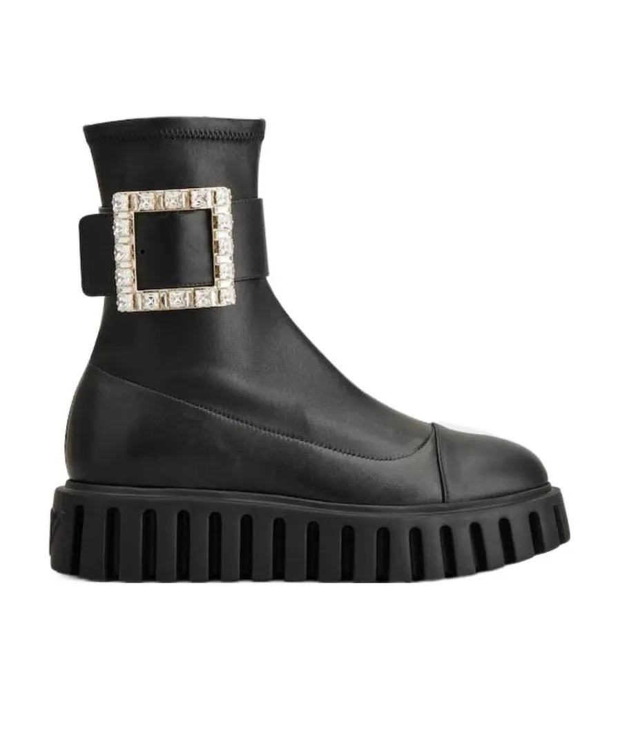 Viv' Go-Thick Rhinestone Buckle Stretch Ankle Boots In Soft Leather