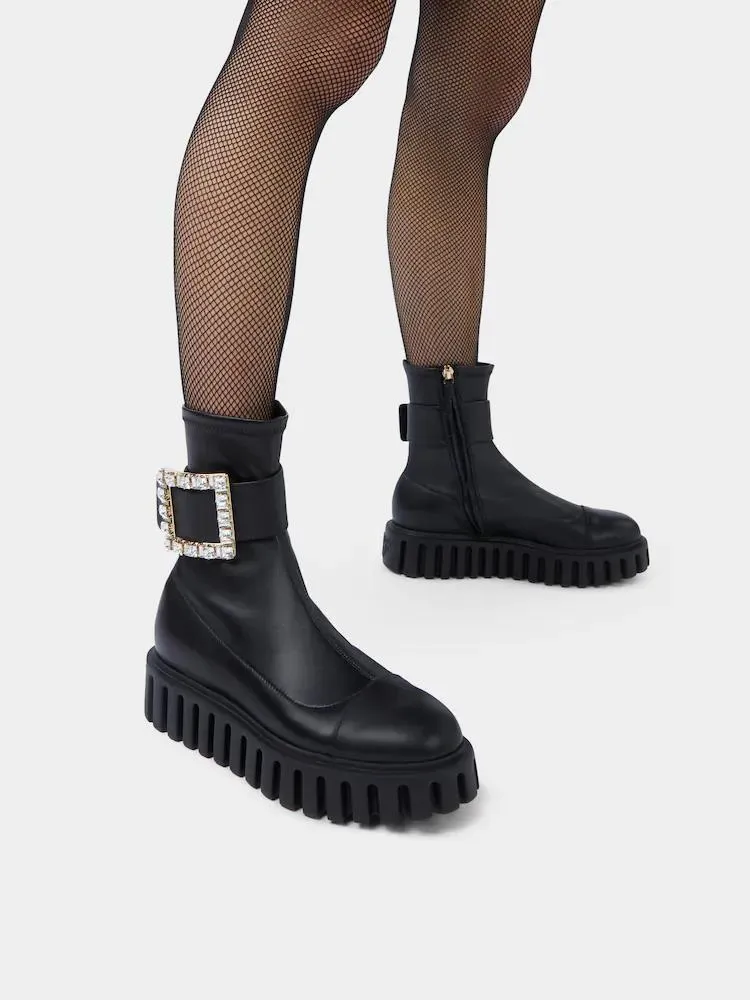 Viv' Go-Thick Rhinestone Buckle Stretch Ankle Boots In Soft Leather