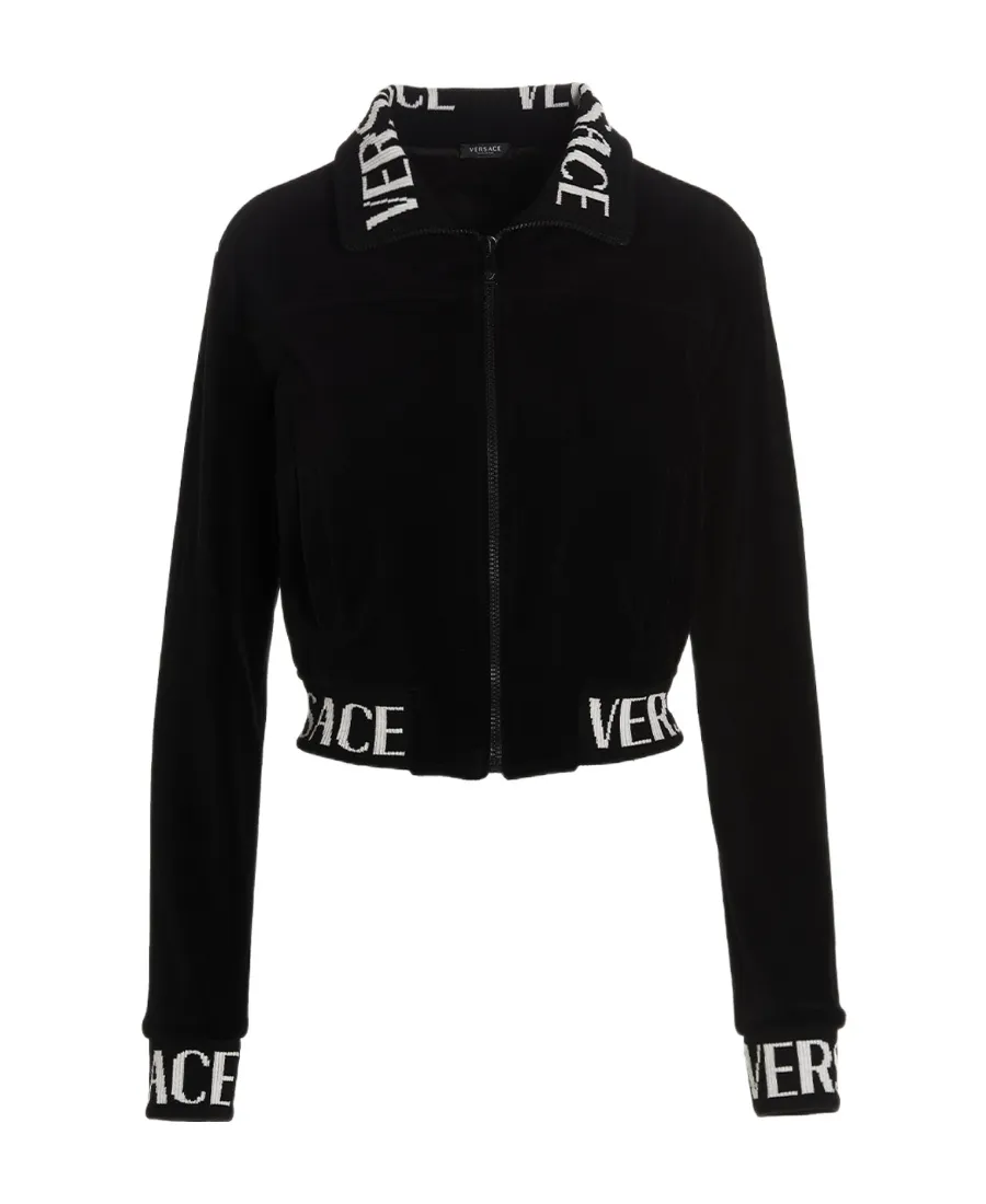 Versace Logo Intarsia Cropped Velvet Sweatshirt