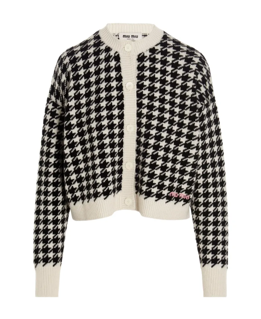 Houndstooth-Knit Cashmere Cardigan