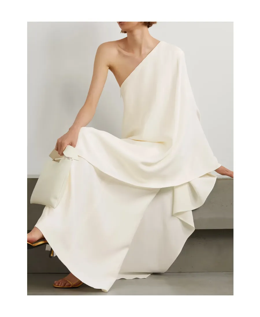 Logo Single Shoulder Pendant Silk Dress