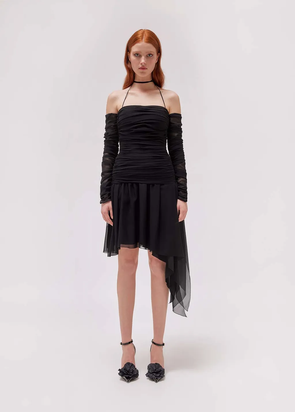 Gathered-Detail Sheer Asymmetric Dress