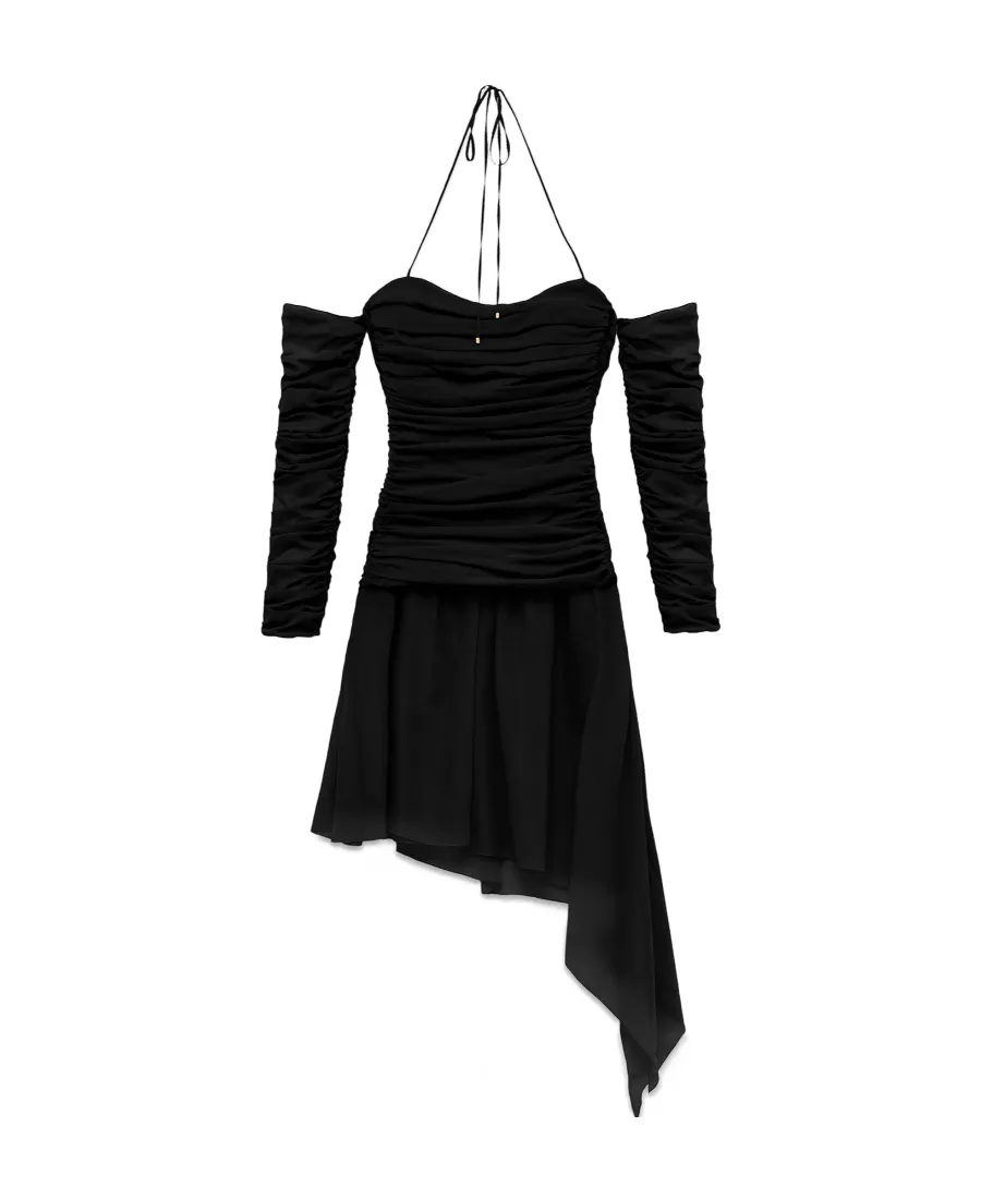Gathered-Detail Sheer Asymmetric Dress