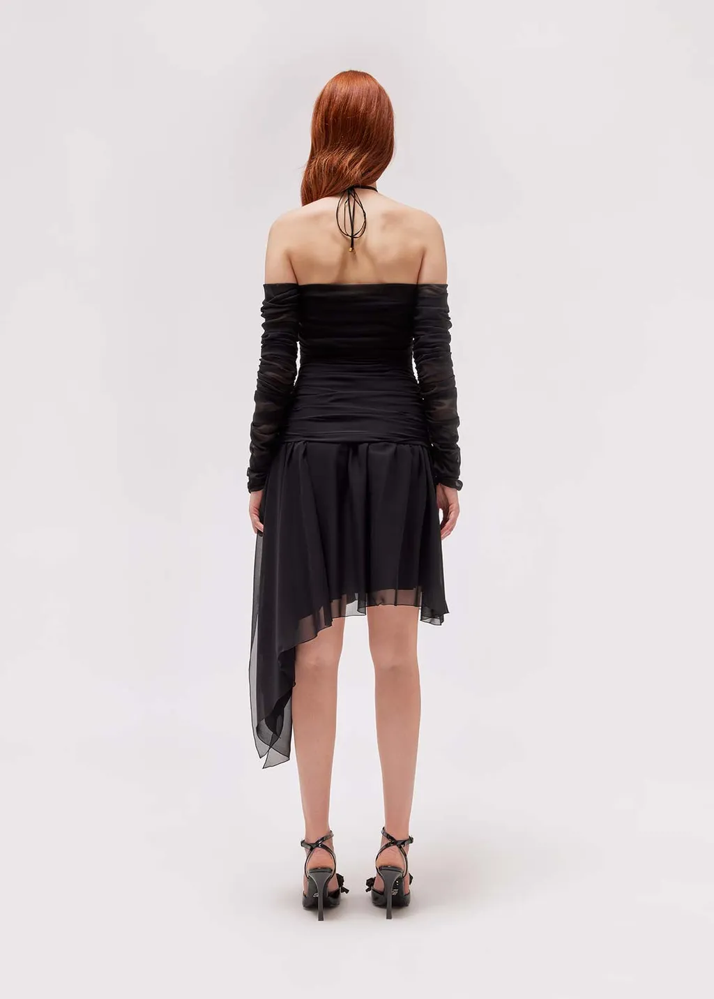 Gathered-Detail Sheer Asymmetric Dress