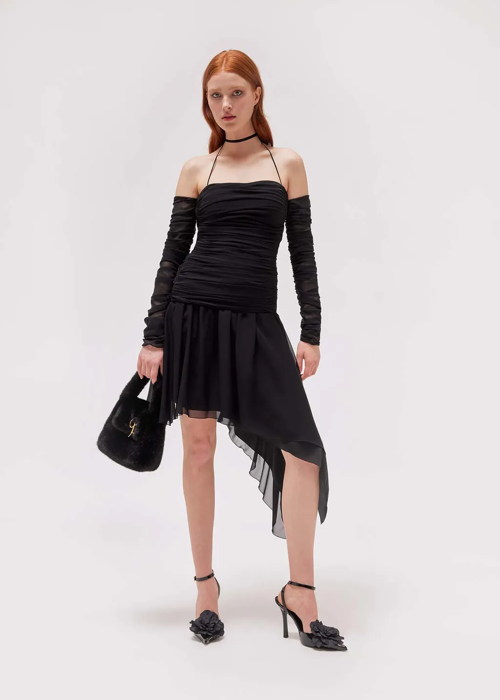 Gathered-Detail Sheer Asymmetric Dress