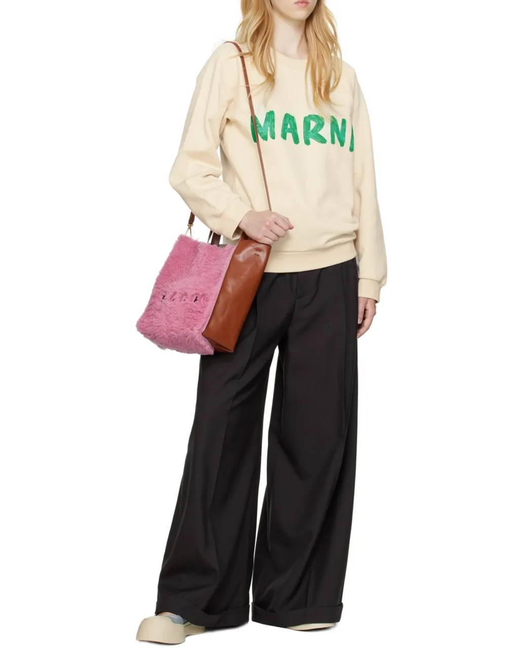 Marni Museo Logo Embroidered Shearling Tote Bag