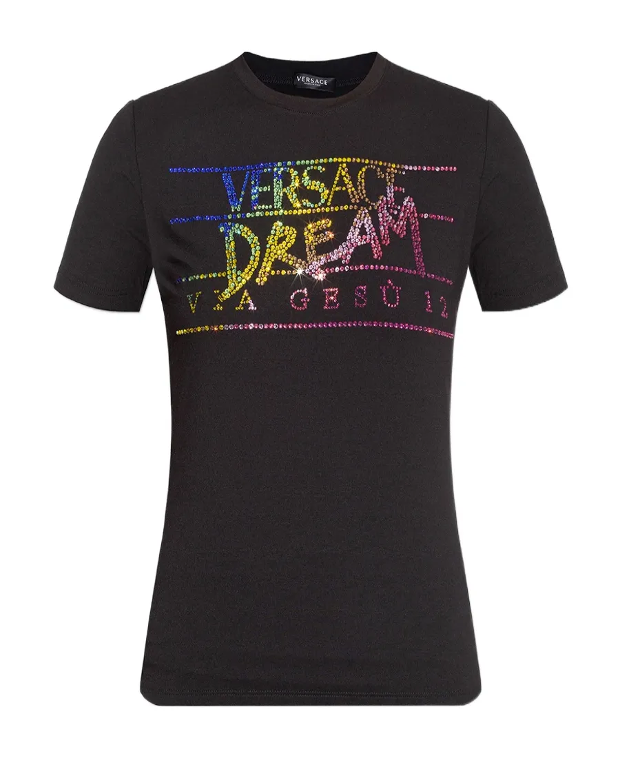 Rhinestone-Embellished Slogan T-Shirt
