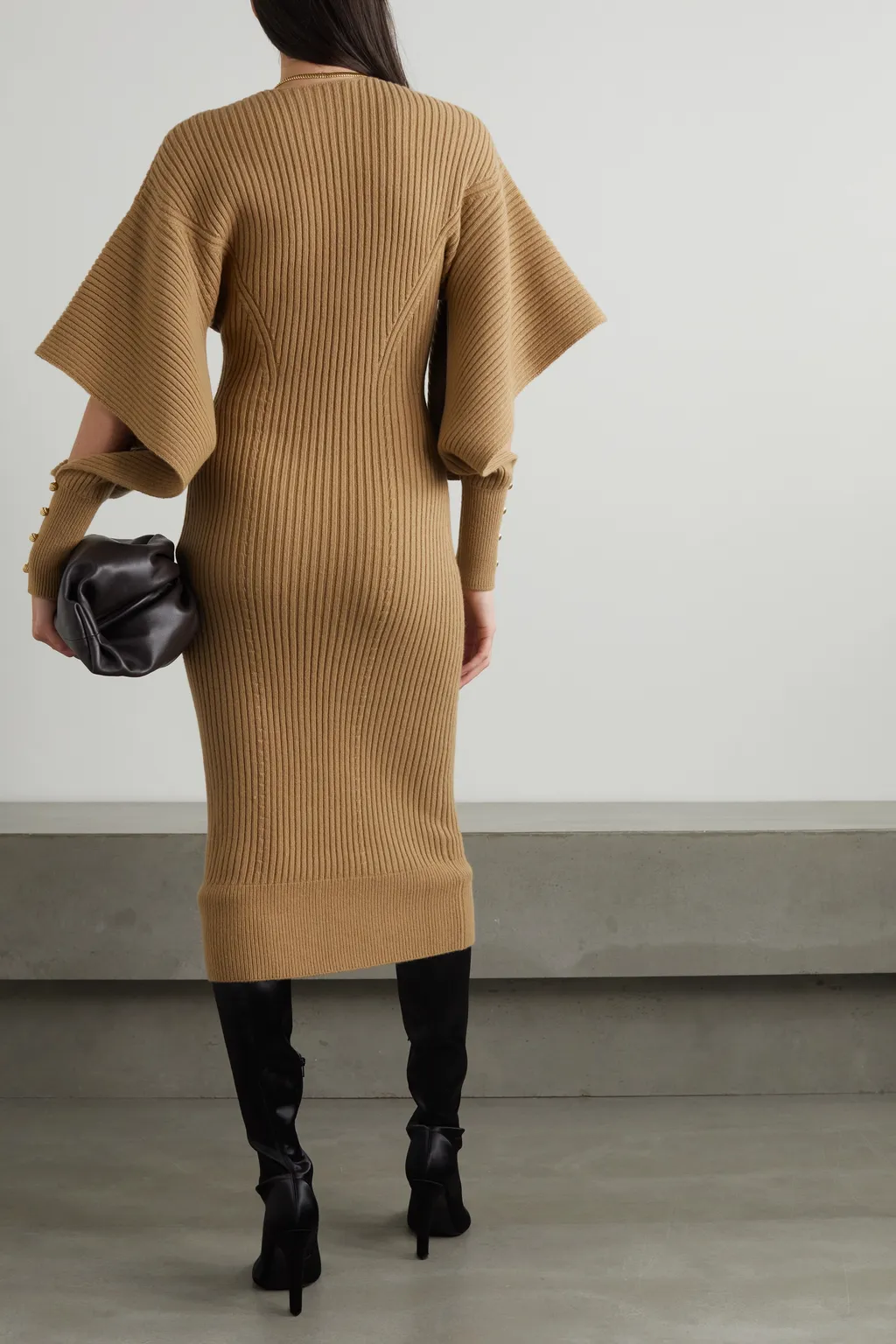 Digged Cut Tape Embellished Ribbed Mid-Length Dress