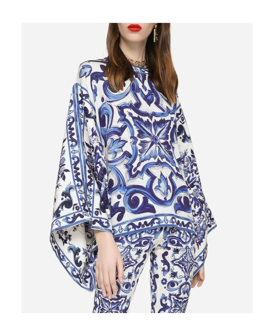 Dolce & Gabbana Majolica-Print Round Neck Charmeuse Blouse