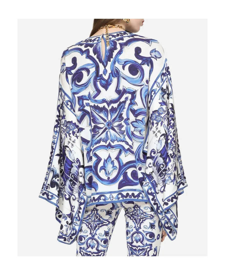 Dolce & Gabbana Majolica-Print Round Neck Charmeuse Blouse