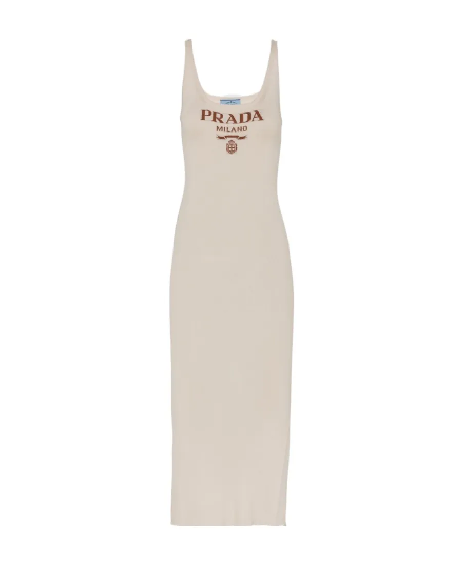 Prada Logo Intarsia-Knit Sleeveless Midi Dress