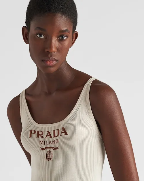 Prada Logo Intarsia-Knit Sleeveless Midi Dress