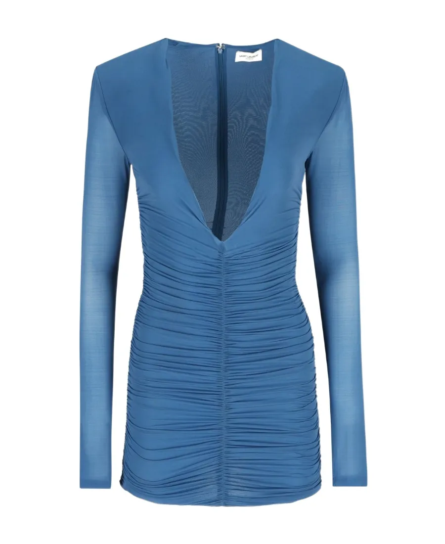 Saint Laurent Draped V-Neck Long-Sleeved Dress
