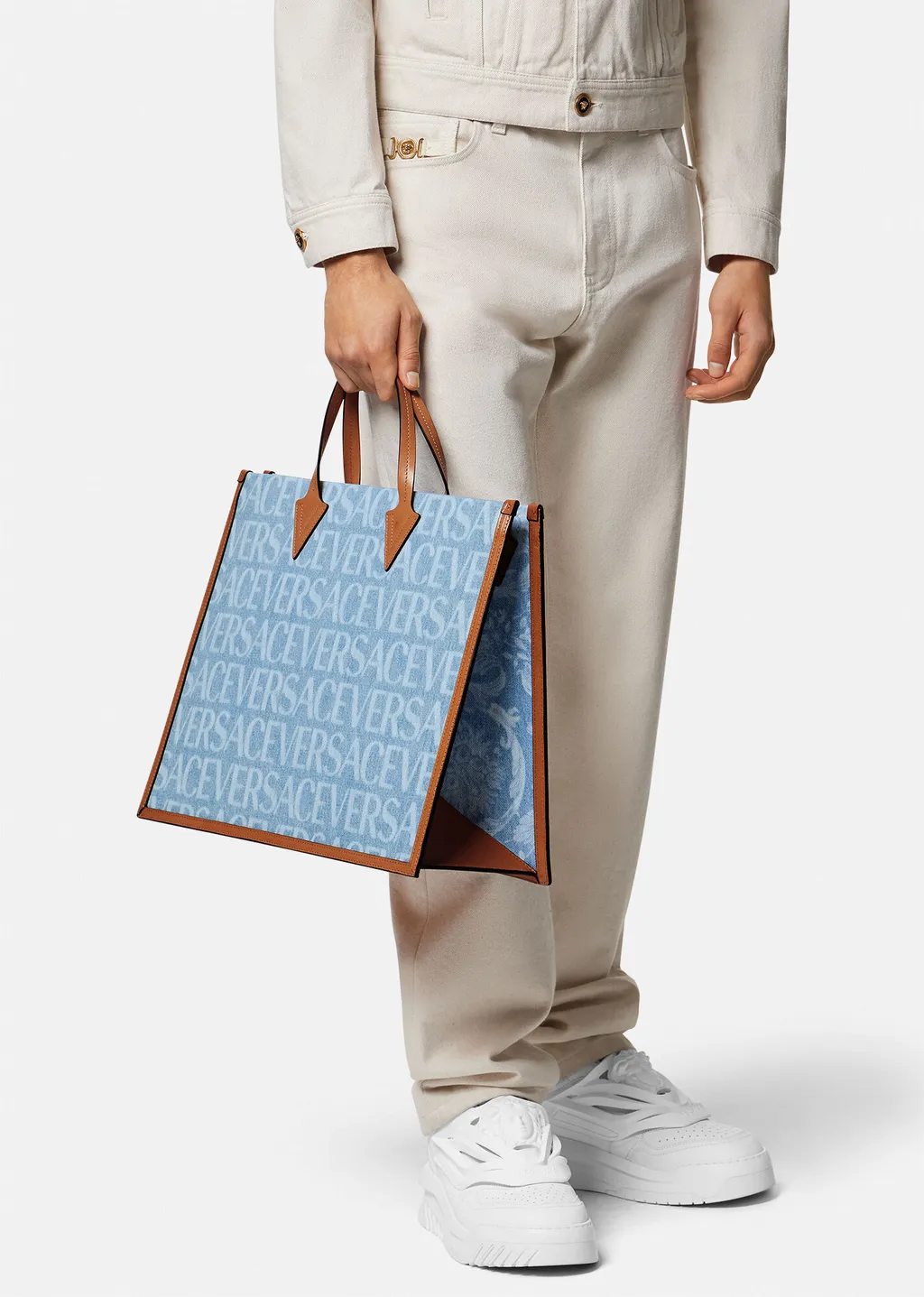 Versace Versace Allover-Printed Denim Top Handle Bag