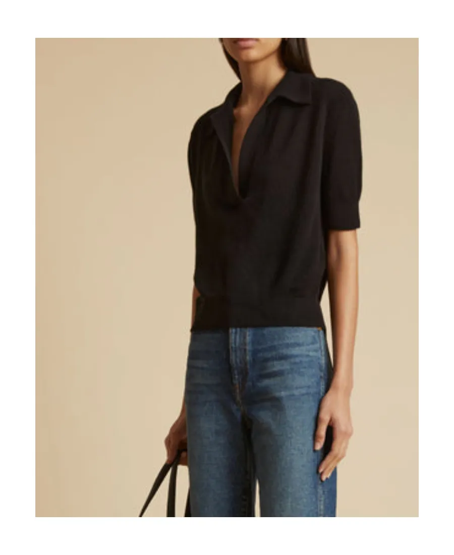 Khaite Jo Short-Sleeved Plunging V-Neck Polo Top